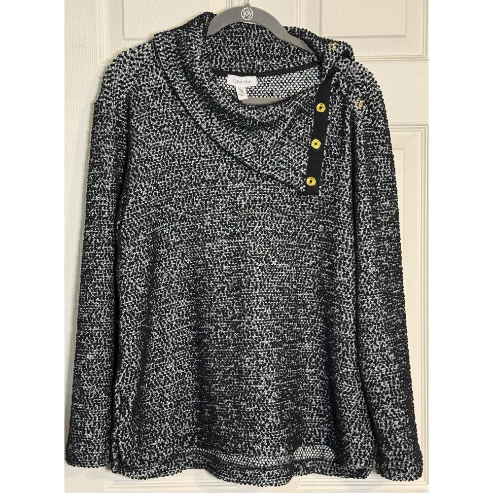 Calvin Klein Women Sweater Cowl Neck Snap On Buttons Sz L White Black Stretchy